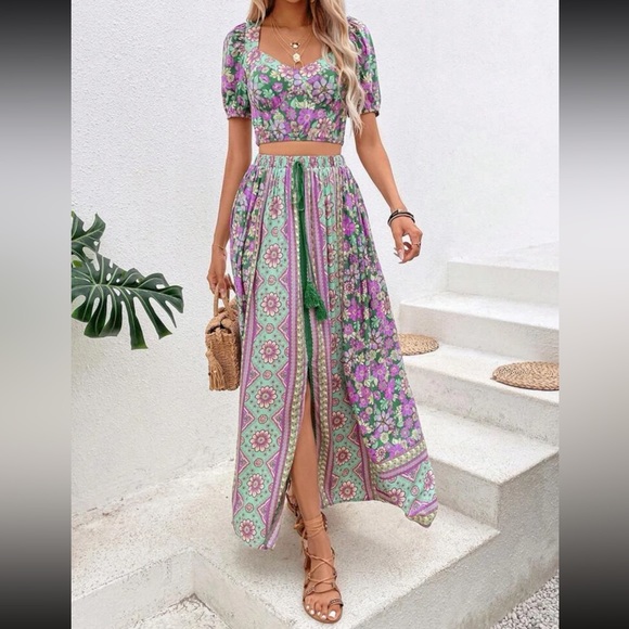 Azure Blue Boho Floral Print Crop Top